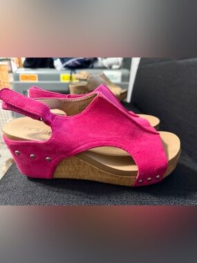 Corky’s Carolee Hot Pink Suede Cork Wedge Sandals, like new, worn once